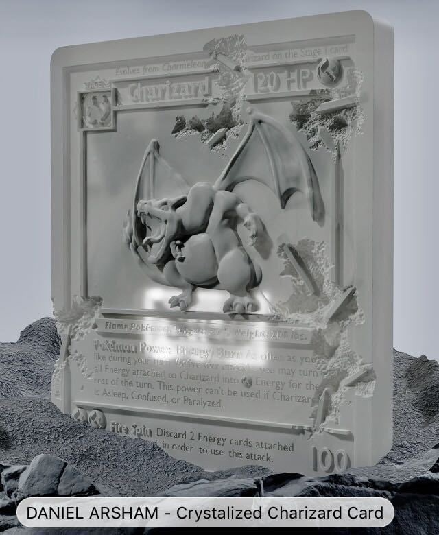 Daniel Arsham x Pokmon Crystalized Charizard Card (white) Ed500 2022: Daniel Arsham x Pokmon Crystalized Charizard Card (white) Ed500 2022 Limited edition Daniel Arsham x Pok?mon Crystalized Charizard card, produced in 2022, made from resin, features 3D modeling. Item S