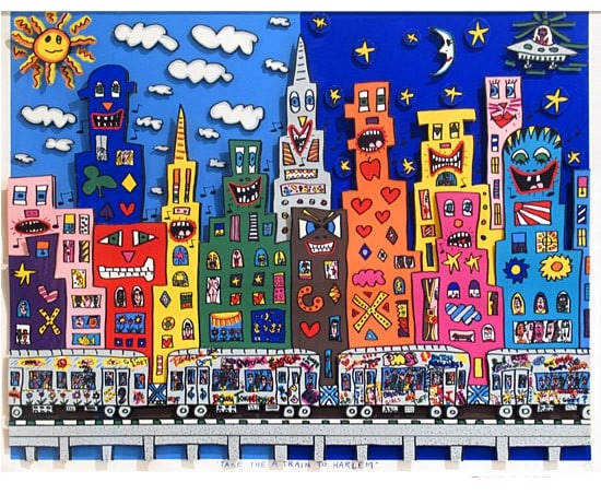 James Rizzi Signed Numbered 3D Serigraph Print -Take the A Train to Harlem 1989: James Rizzi Signed Numbered 3D Serigraph Print -Take the A Train to Harlem 1989 James Rizzi's large, signed, and numbered 3D serigraph print 'Take the A Train to Harlem' from 1989, is framed and embod
