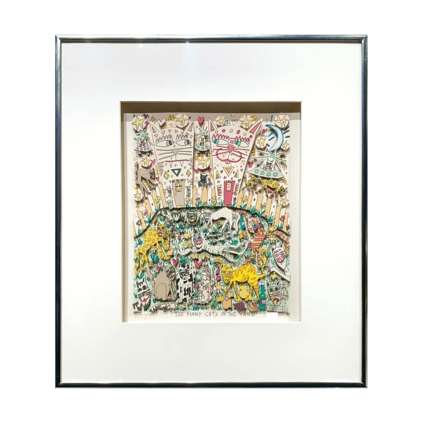 James Rizzi "TOO MANY CATS IN THE YARD" 3D Silkscreen Edition Autographed: James Rizzi "TOO MANY CATS IN THE YARD" 3D Silkscreen Edition Autographed James Rizzi's artwork 'TOO MANY CATS IN THE YARD' is a 3D silkscreen print on paper, originally produced in the United States
