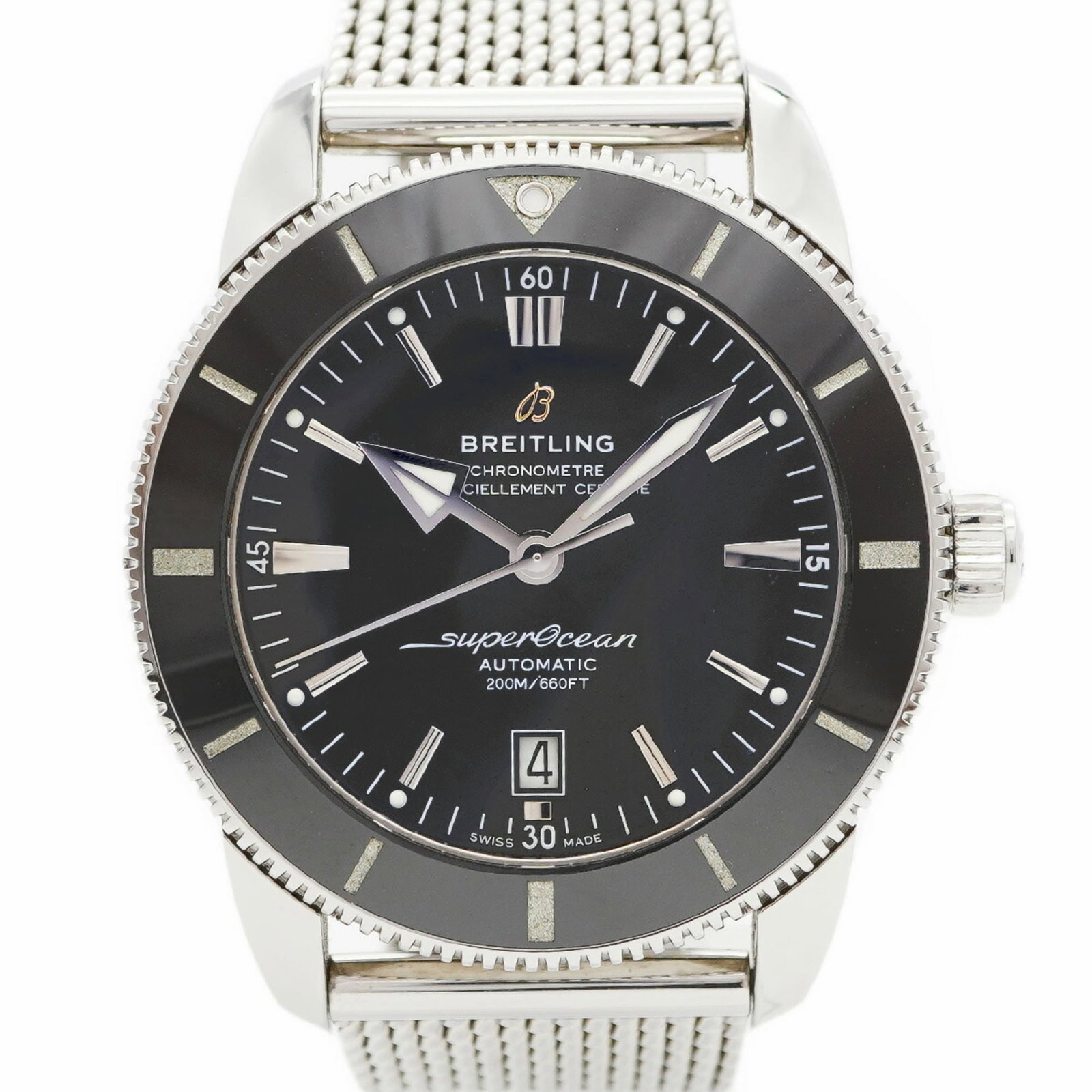 Breitling Superocean AB2020 Black Dial: Breitling Superocean AB2020 Black Dial The Breitling Superocean AB2020 wristwatch features a black dial and stainless steel band, with a case diameter of 46mm and a wrist size of 17.5cm; it's used and