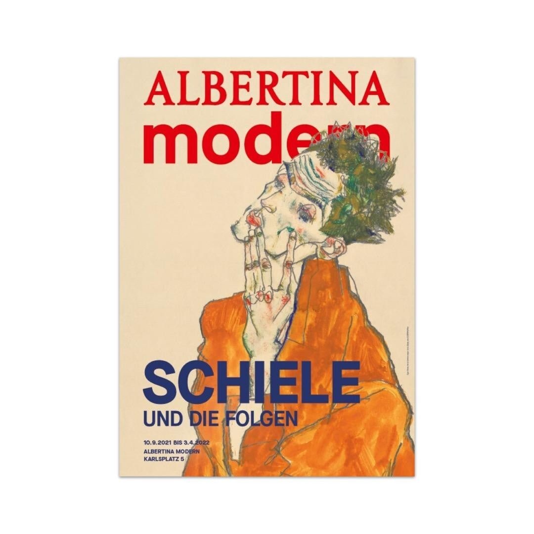 Egon Schiele Exhibition Poster - Self-Portrait in Orange Jacket ALBERTINA Museum: Egon Schiele Exhibition Poster - Self-Portrait in Orange Jacket ALBERTINA Museum Original exhibition poster by Egon Schiele titled 'Self-Portrait in Orange Jacket,' unframed, large size, on paper, fro