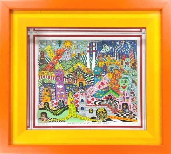 James Rizzi "Everyone Wants to Live Here" 1993 Edition Autographed 3D Silkscreen: James Rizzi "Everyone Wants to Live Here" 1993 Edition Autographed 3D Silkscreen James Rizzi's "Everyone Wants to Live Here" is a 1993 edition autographed 3D silkscreen print on paper, framed and part