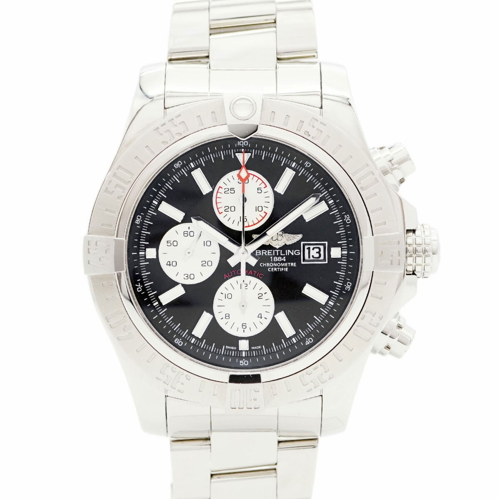 Breitling Super Avenger II A13371 Black Dial: Breitling Super Avenger II A13371 Black Dial Breitling Super Avenger II wristwatch for men, featuring a black dial and stainless steel band, 49mm case diameter, in used but good condition. Item Specif