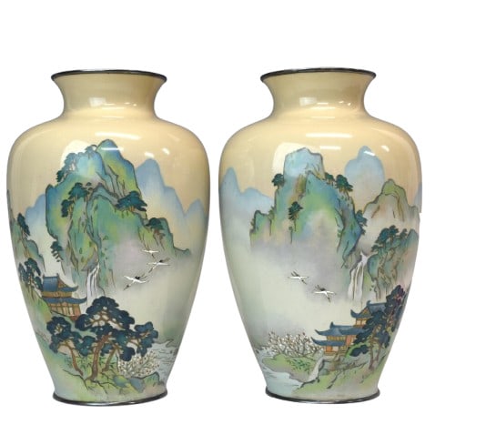 Cloisonne Enamel Vases Pair of Mountain & Water Landscape Japan in the Meiji era (1 of 10)