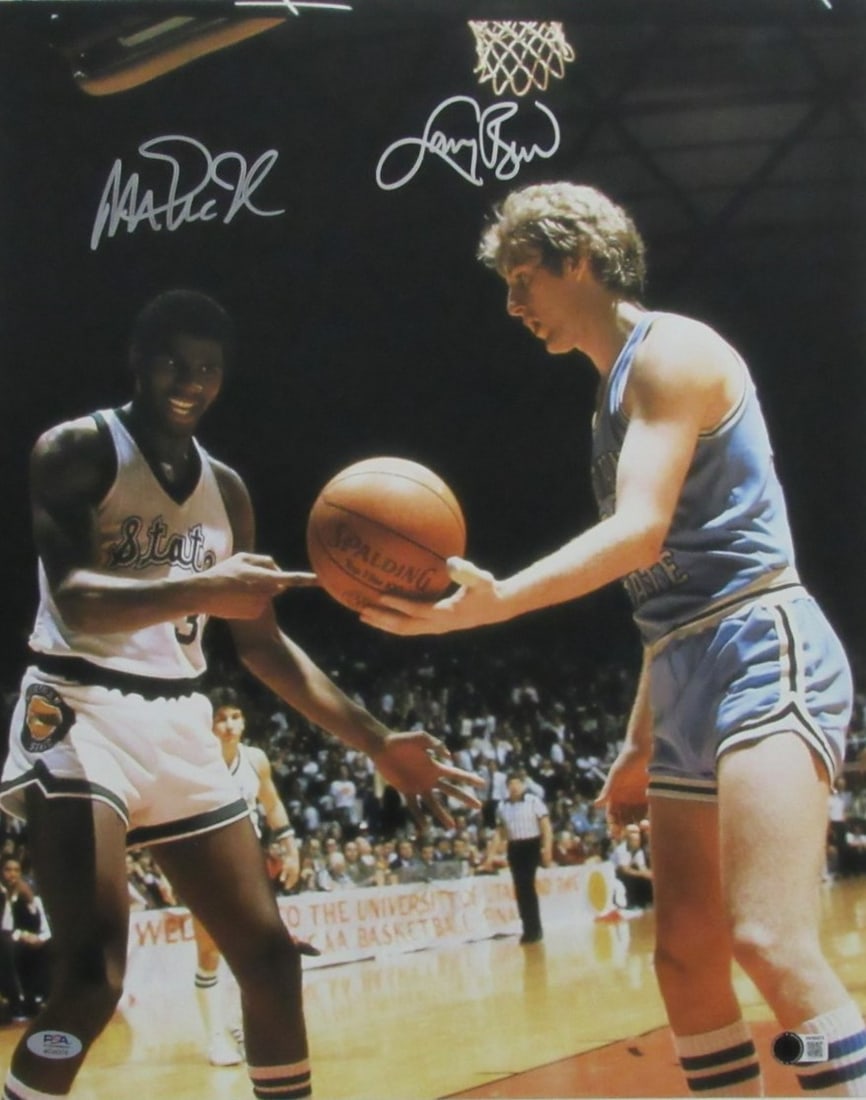 Larry Bird/Magic Johnson Dual-Signed/Auto 16x20 Photo College PSA & BAS 200039: Larry Bird/Magic Johnson Dual-Signed/Auto 16x20 Photo College PSA & BAS 200039 This is an original 16x20 photo dual-signed by Larry Bird and Magic Johnson, framed and authenticated with PSA and BAS ce