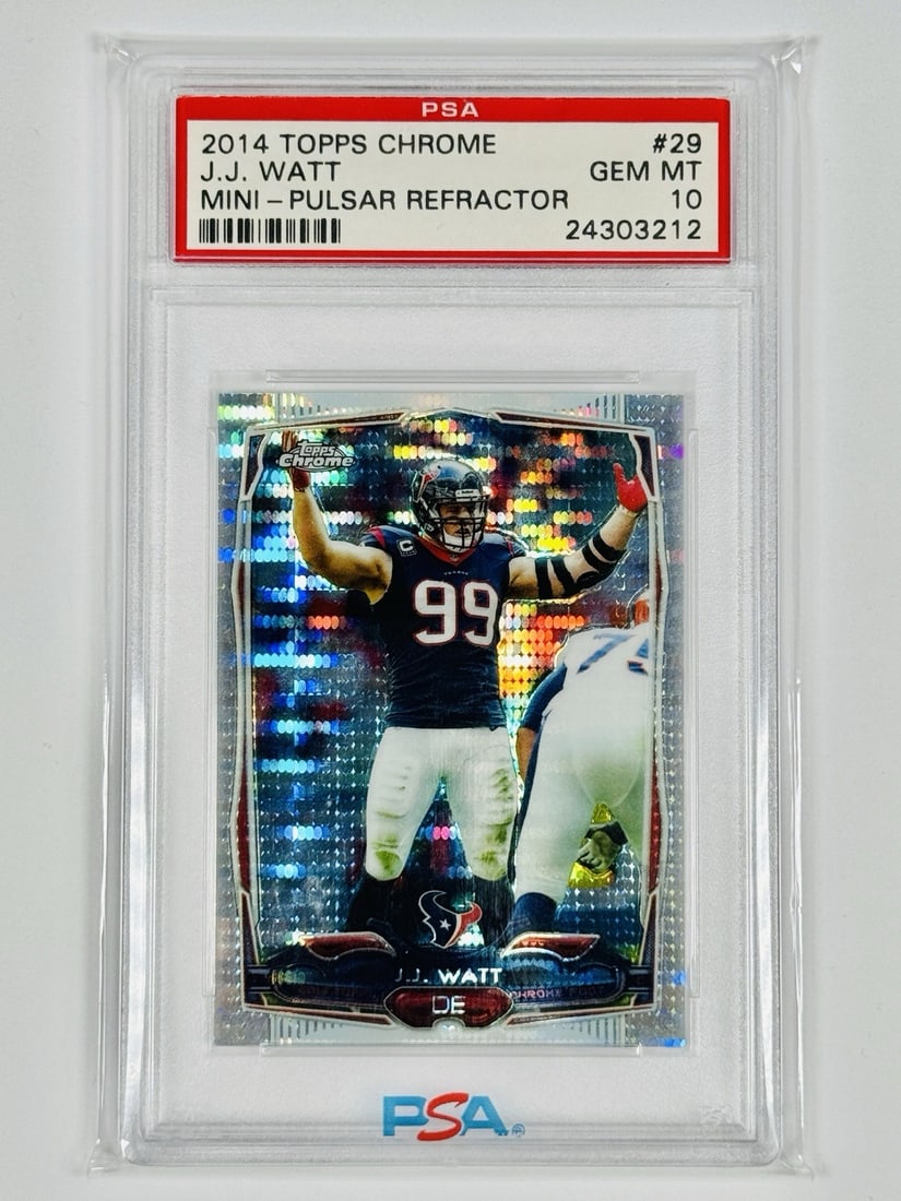 2014 TOPPS CHROME J.J. WATT #29 MINI PULSAR REFRACTOR /102 PSA 10 POP 4: 2014 TOPPS CHROME J.J. WATT #29 MINI PULSAR REFRACTOR /102 PSA 10 POP 4 2014 Topps Chrome J.J. Watt #29 Mini Pulsar Refractor trading card, graded PSA 10 with a certification number of 24303212, from