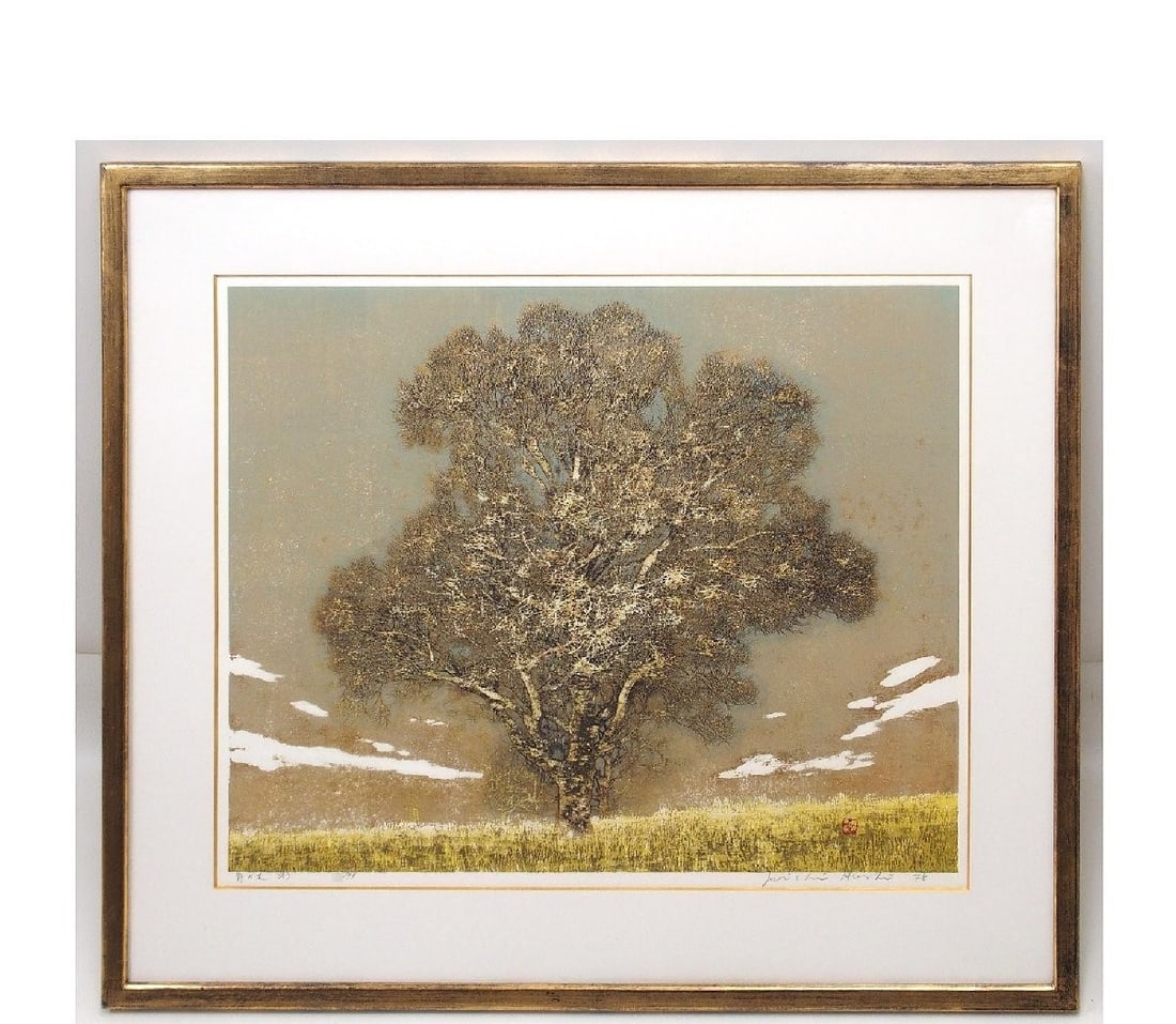 Joichi Hoshi "Wild Tree (A)" Woodblock print 1978 Autographed: Joichi Hoshi "Wild Tree (A)" Woodblock print 1978 Autographed Autographed woodblock print 'Wild Tree (A)' by artist Joichi Hoshi, produced in 1978, framed and made of paper, features a landscape orien