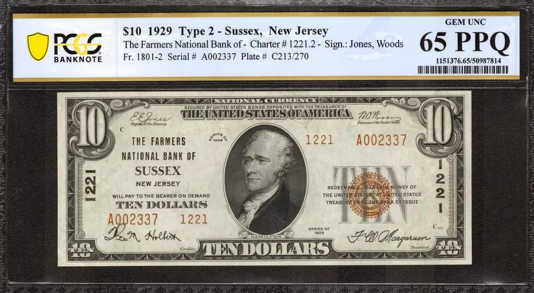 1929 $10 FARMERS NATIONAL BANK NOTE CURRENCY SUSSEX NEW JERSEY PCGS 65 PPQ (337) (1 of 2)