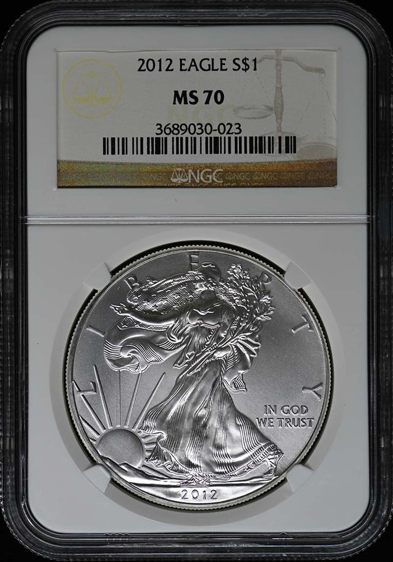 2012 EAGLE S$1 NGC MS70: 2012 EAGLE S$1 NGC MS70 2012 Eagle S$1 coin, certified by NGC with a grade of MS70, from the Philadelphia Mint with certification number 3689030023. Item Specifics: Brand/Mint: Philadelphia