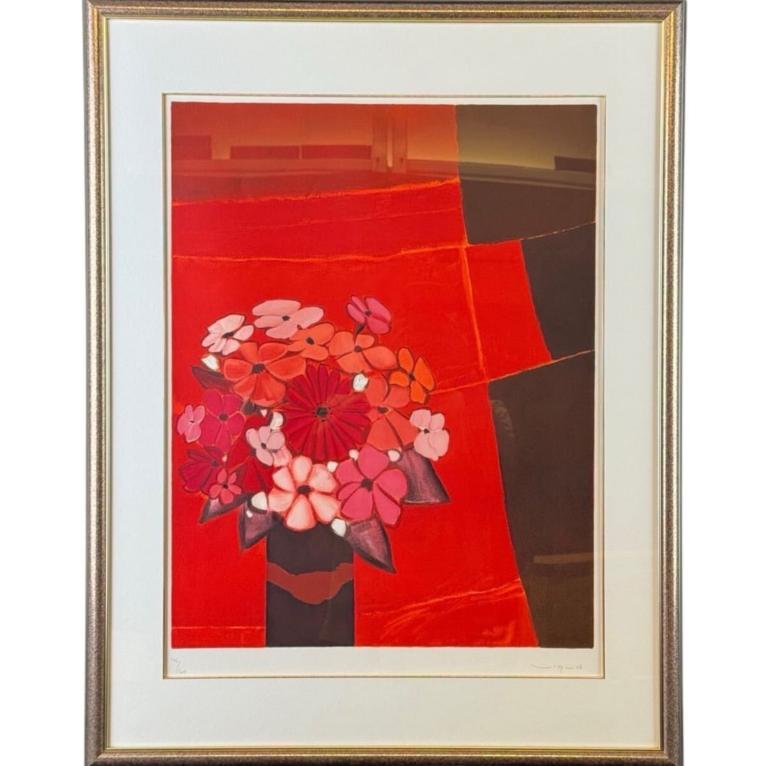 Andr Viggud Red Flowers Large Lithograph Signed 12F Salon dAutomne French: Andr Viggud Red Flowers Large Lithograph Signed 12F Salon dAutomne French Medium-sized lithograph titled 'Red Flowers' by artist Andre Viggud, signed and framed, produced using lithography in the