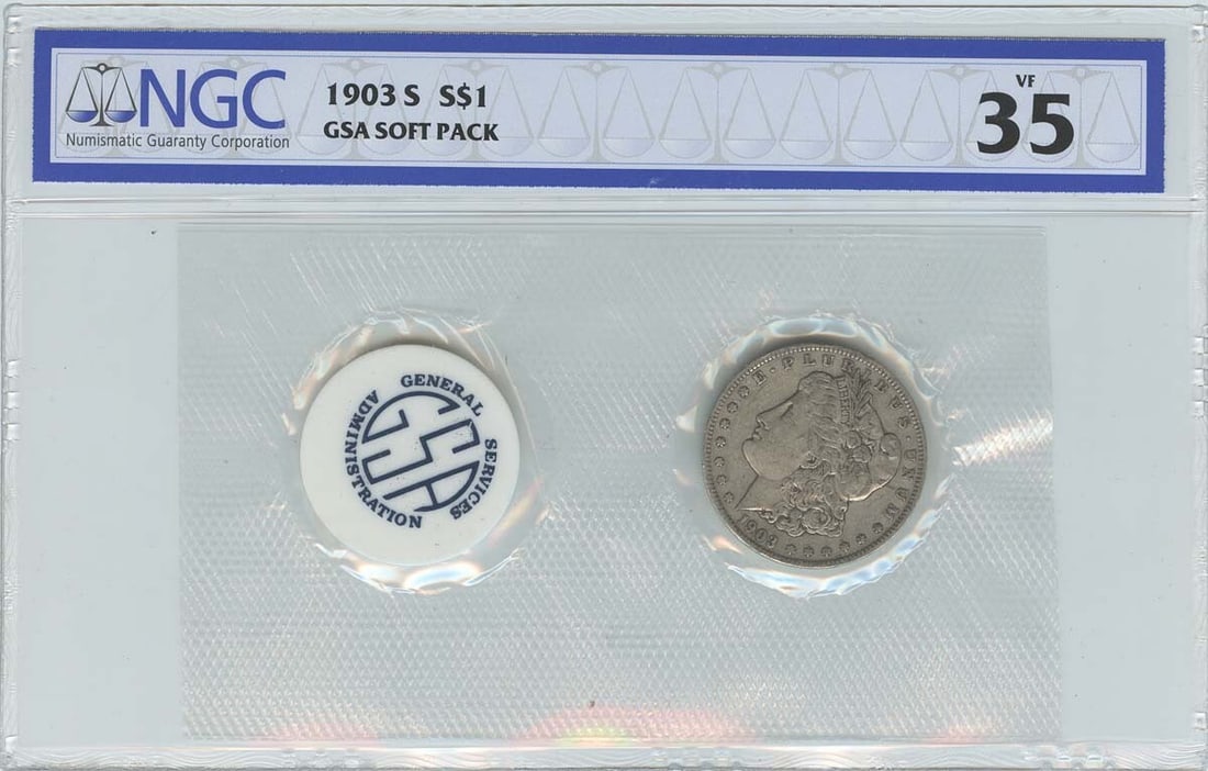 1903-S Morgan Dollar GSA SOFT PACK S$1 NGC VF35: 1903-S Morgan Dollar GSA SOFT PACK S$1 NGC VF35 1903-S Morgan Dollar in GSA soft pack, certified by NGC with a grade of VF35, circulated and minted in San Francisco. Item Specifics: Certification:
