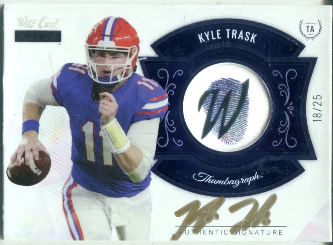 Kyle Trask Autographed 2021 Wild Card Matte Fingerprints Rookie Card #MTA-4: Kyle Trask Autographed 2021 Wild Card Matte Fingerprints Rookie Card #MTA-4 Kyle Trask Autographed 2021 Wild Card Matte Fingerprints Rookie Card #MTA-4, factory signed in gold sharpie and numbered 18