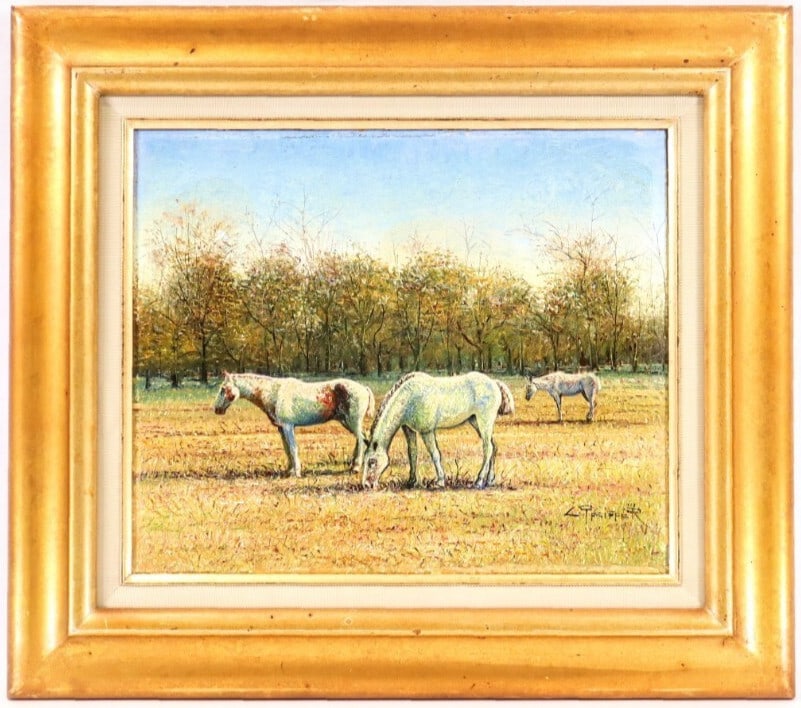 Valerie Pfeiffer Original Oil Painting -White Horses San Antonio de Areco Signed: Valerie Pfeiffer Original Oil Painting -White Horses San Antonio de Areco Signed Valerie Pfeiffer original oil painting titled 'White Horses San Antonio de Areco', framed, signed, and created on