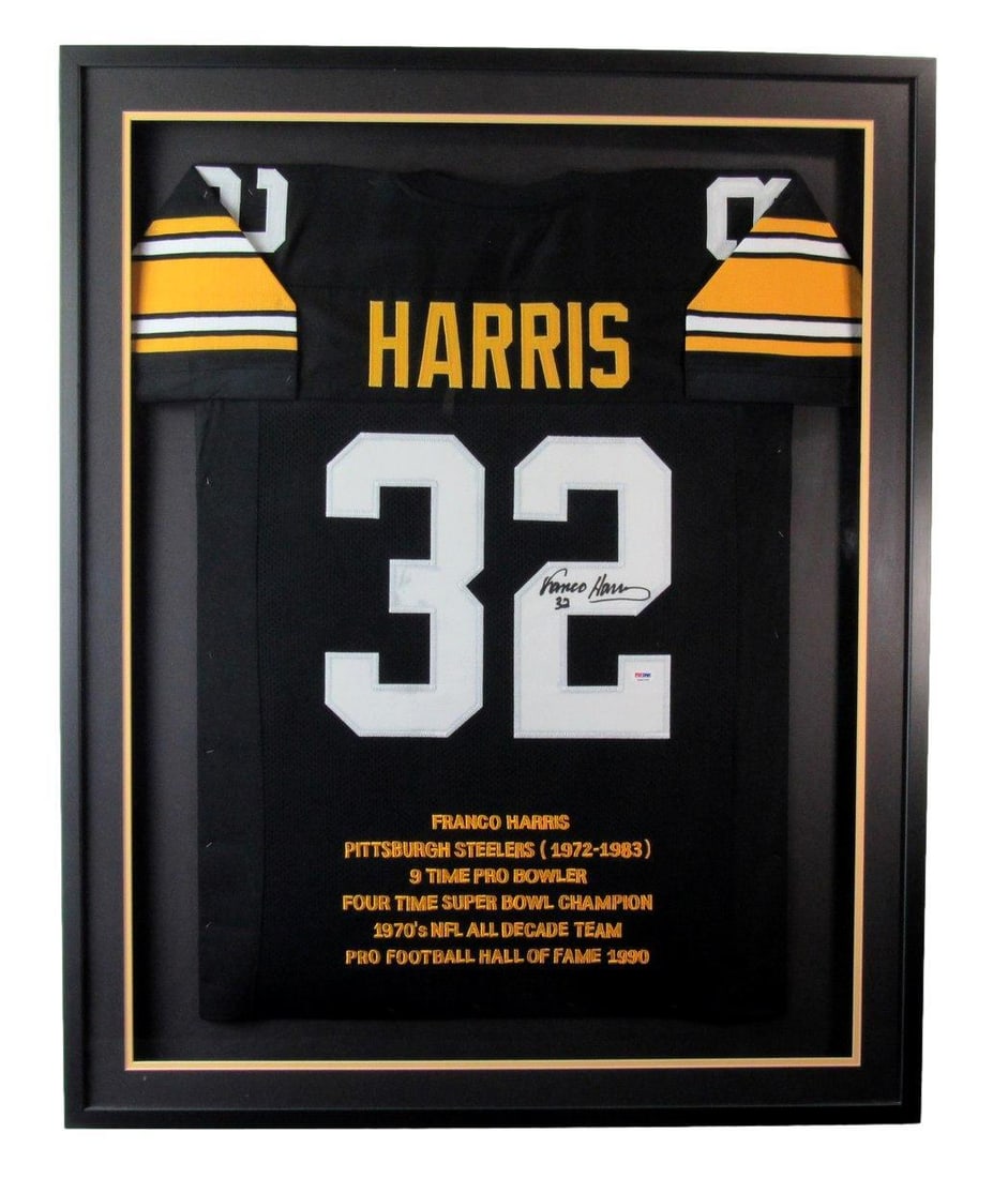 Franco Harris HOF Signed Steelers Football Jersey Framed PSA/DNA 187168: Franco Harris HOF Signed Steelers Football Jersey Framed PSA/DNA 187168 Franco Harris autographed Pittsburgh Steelers football jersey, framed and authenticated by PSA/DNA, with certification number