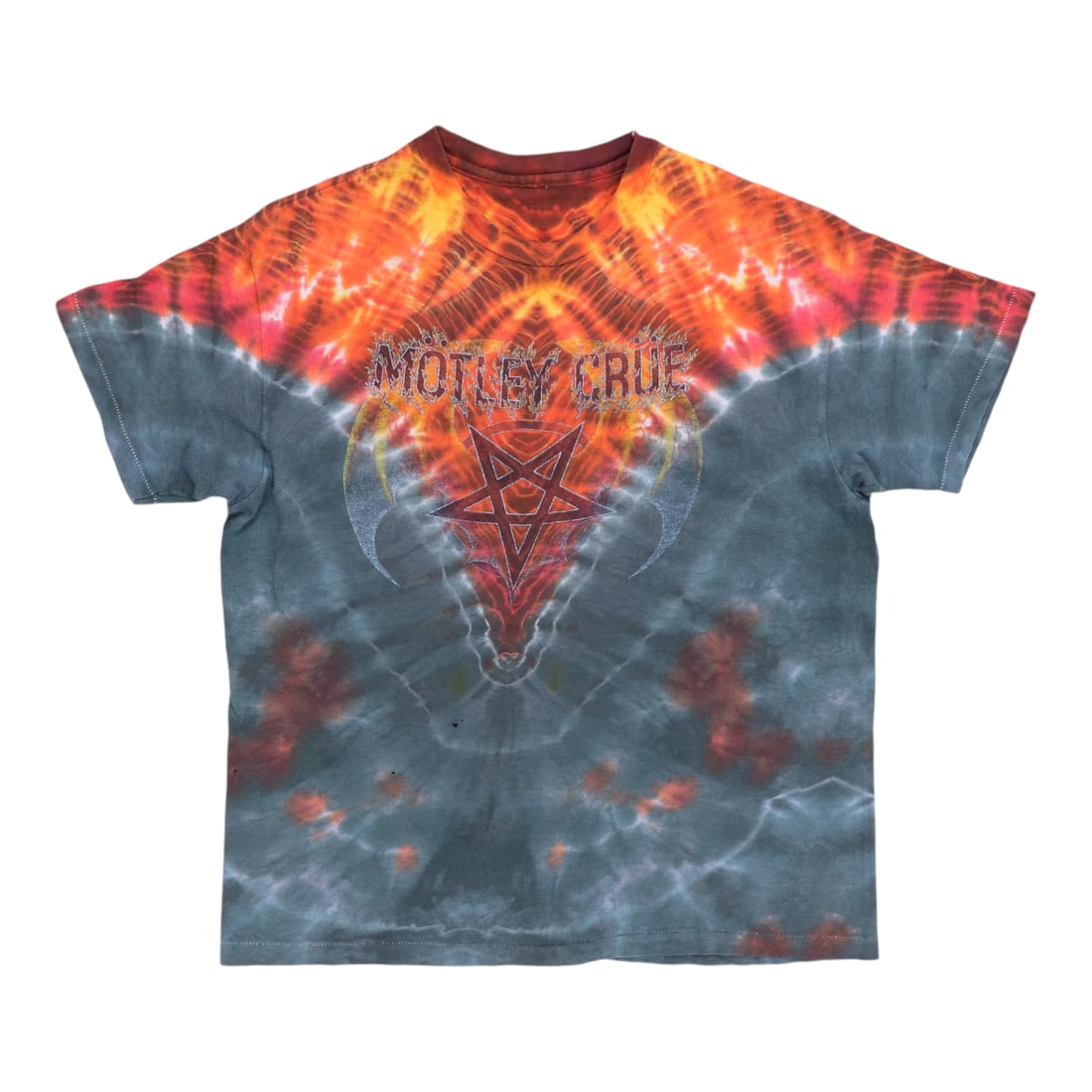 1980s Motley Crue Symmetria Tie Dye Shirt: 1980s Motley Crue Symmetria Tie Dye Shirt 1980s Motley Crue Symmetria tie dye shirt, made of 100% cotton, in worn condition with visible wear and size measurements provided. Item Specifics: