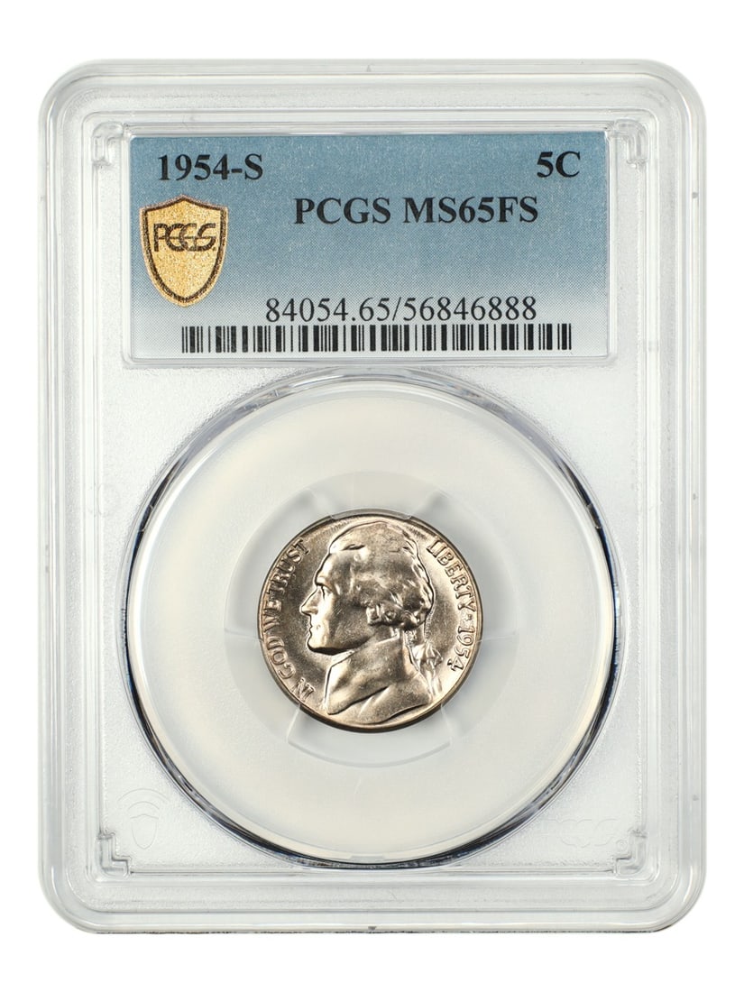 1954-S 5C PCGS MS65FS - Jefferson Nickel: 1954-S 5C PCGS MS65FS - Jefferson Nickel 1954-S Jefferson Nickel graded MS65FS by PCGS, noted for its uncirculated condition. Item Specifics: Certification: PCGS Certification Number: 56846888