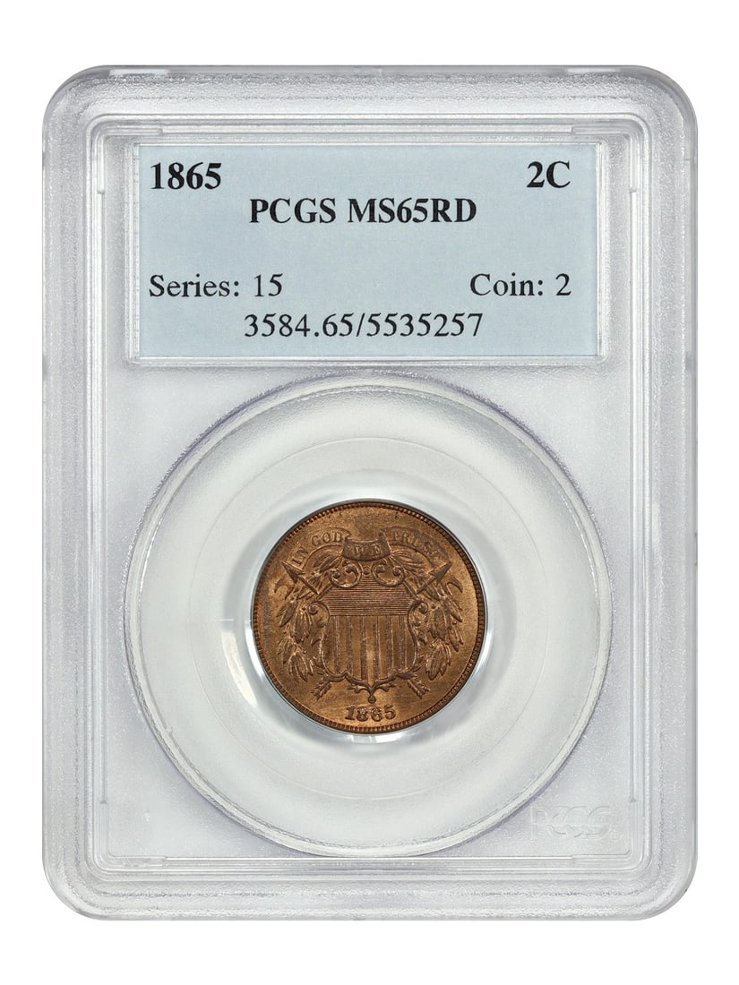 1865 2C PCGS MS65RD - Two Cent - Popular Type Coin: 1865 2C PCGS MS65RD - Two Cent - Popular Type Coin 1865 2C coin, graded MS65RD by PCGS, is an uncirculated type coin from Philadelphia, with certification number 05535257. Item Specifics: Certificatio