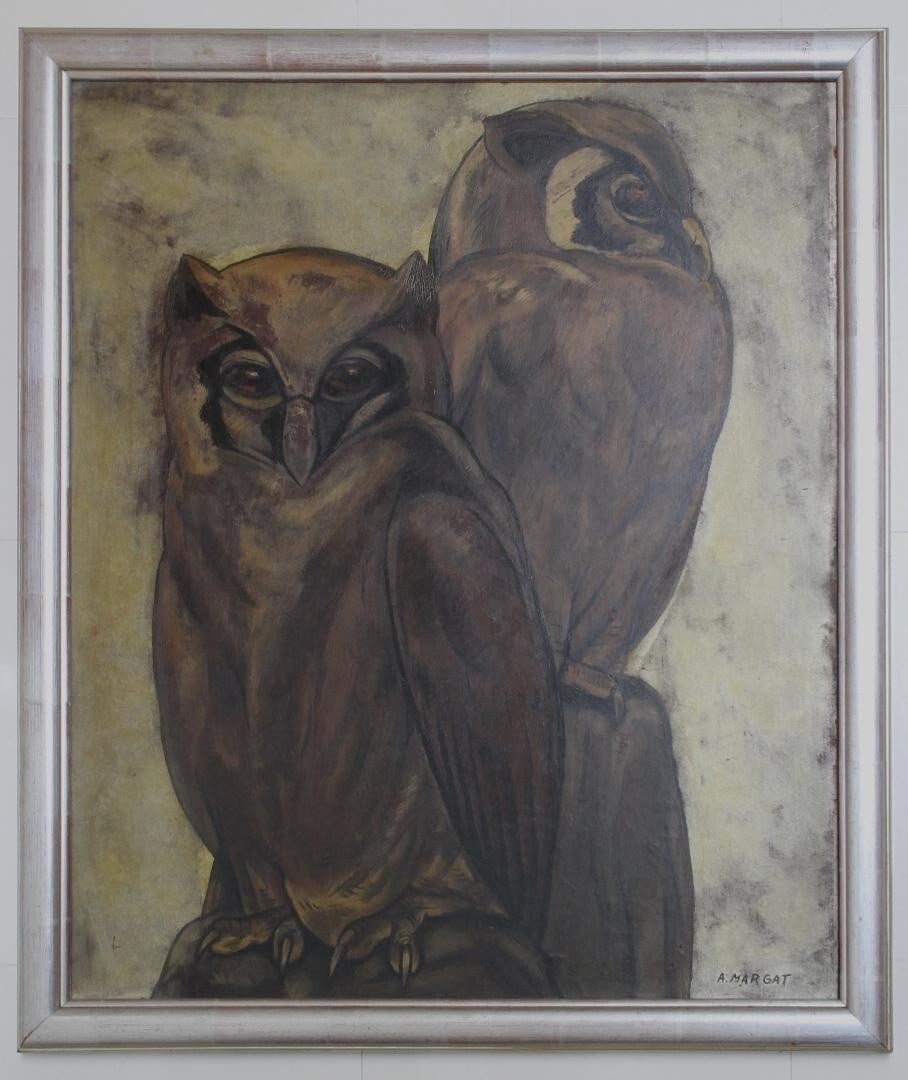 Andre Margat (French) Owl Original Painting Oil on Board Signed Framed Art Deco (1 of 3)