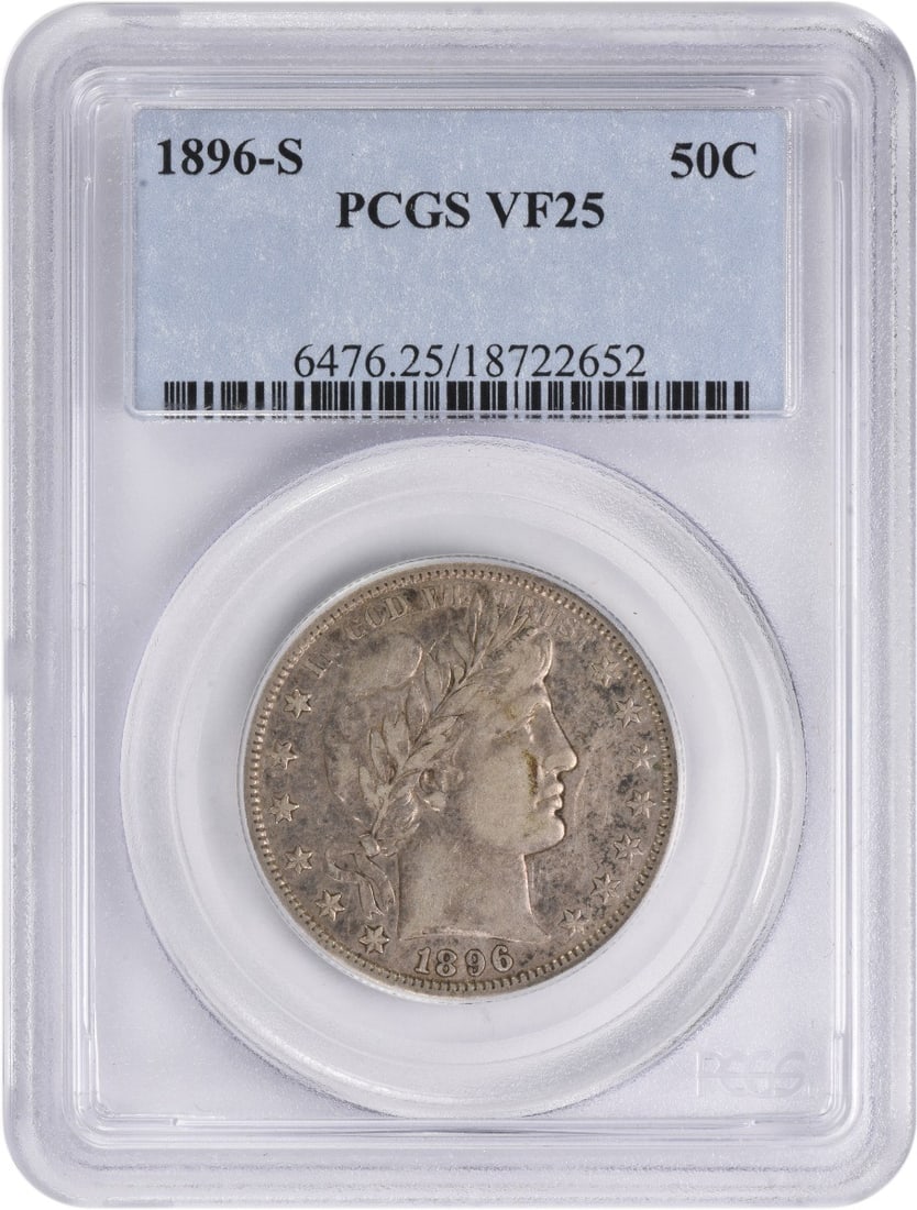 1896-S Barber Silver Half Dollar VF25 PCGS: 1896-S Barber Silver Half Dollar VF25 PCGS 1896-S Barber Silver Half Dollar coin in Very Fine (VF25) condition, certified by PCGS, composed of silver and denoting a value of 50 cents. Item