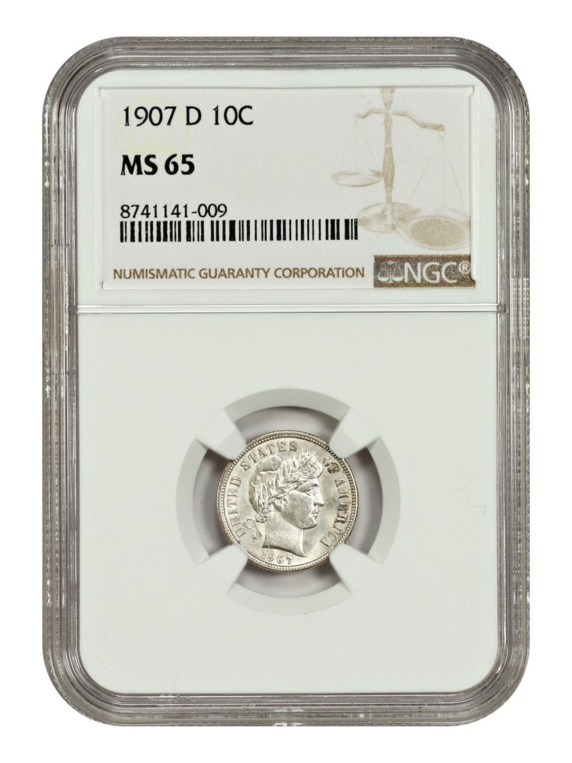 1907-D 10C NGC MS65 - Barber Dime: 1907-D 10C NGC MS65 - Barber Dime The 1907-D Barber Dime, certified by NGC and graded MS65, is an uncirculated 10-cent coin minted in Denver. Item Specifics: Certification: NGC Certification Number: