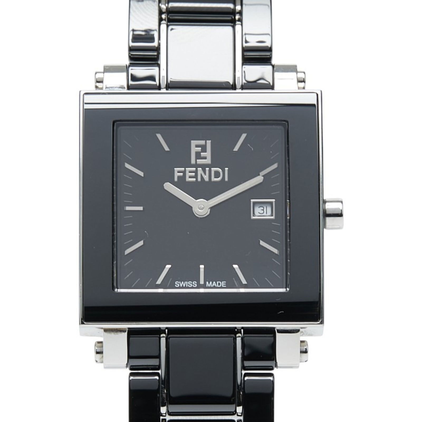 Fendi Quadro Watch 6200G Quartz Black Dial Ceramic Stainless Steel: Fendi Quadro Watch 6200G Quartz Black Dial Ceramic Stainless Steel Fendi Quadro Watch 6200G is a men's wristwatch featuring a black analog dial with a case made from ceramic and stainless steel, measu