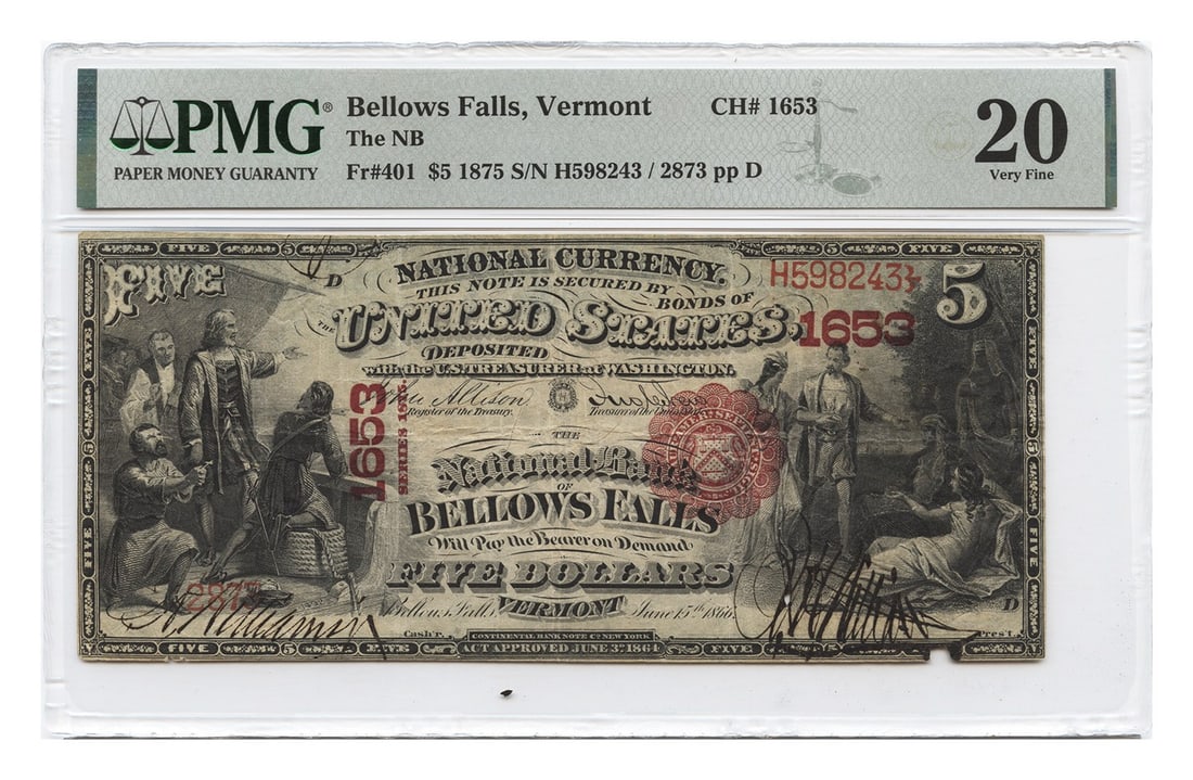 FR. 401 1875 $5 Bellows Falls, VT NB PMG VF20 (CH #1653) - $5: FR. 401 1875 $5 Bellows Falls, VT NB PMG VF20 (CH #1653) - $5 Circulated $5 Bellows Falls, VT National Bank Note (FR. 401) from 1875, graded VF20 by PMG, certificate number 2196059002. Item Specifics: