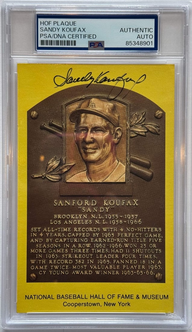 Sandy Koufax Autographed Hall of Fame Plaque Postcard (PSA) (1 of 2)
