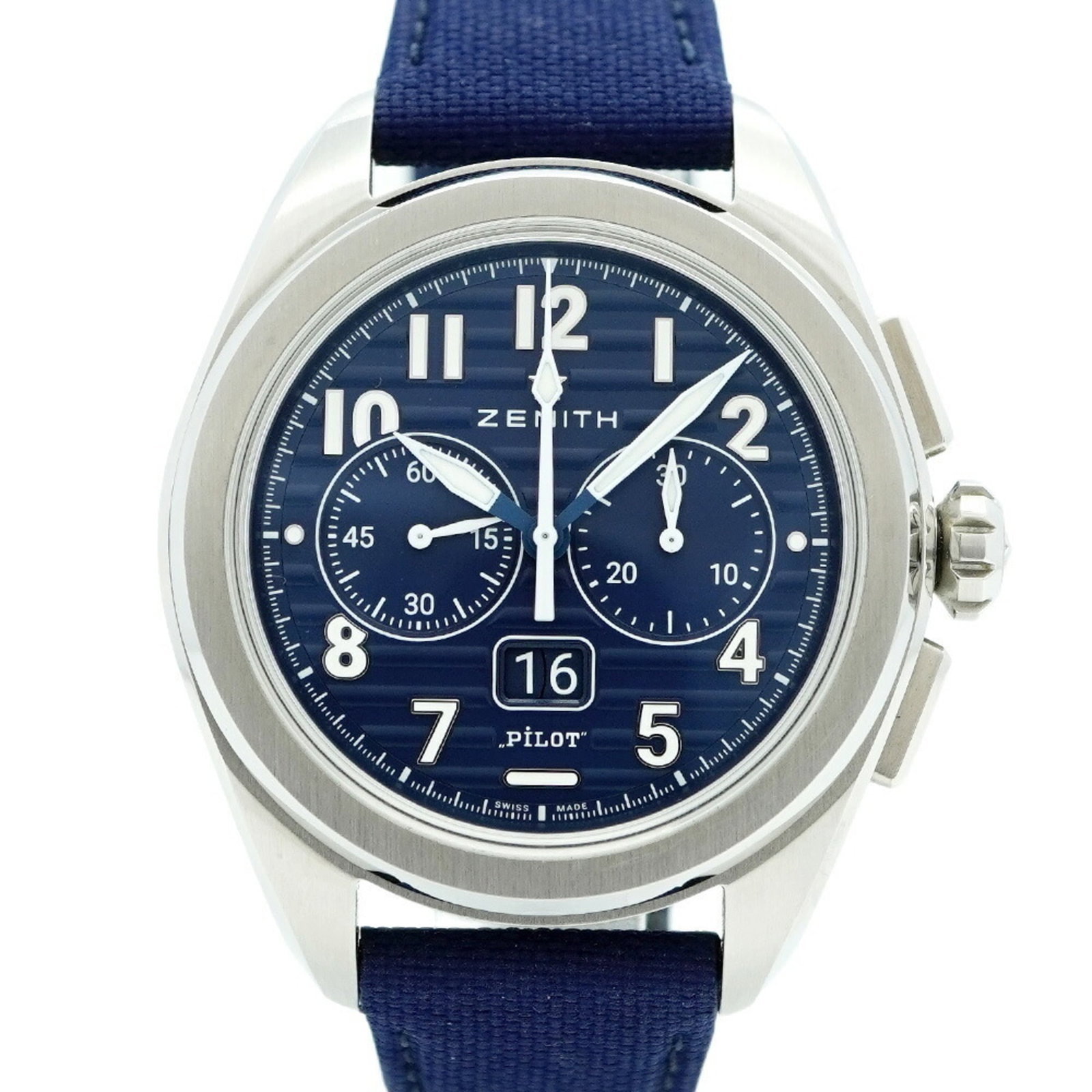 Zenith Pilot Big Date Flyback 03.4000.3652 Blue Dial: Zenith Pilot Big Date Flyback 03.4000.3652 Blue Dial The Zenith Pilot Big Date Flyback wristwatch for men features a blue dial, leather and nylon band, has a case diameter of 42.5mm, and is in very go