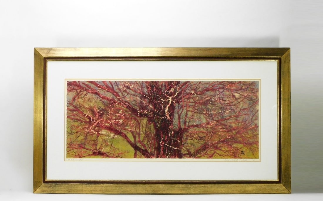 JOICHI HOSHI "Trunk and Branches (Red Gold)" 1973 Woodblock Print Signed Framed (1 of 20)