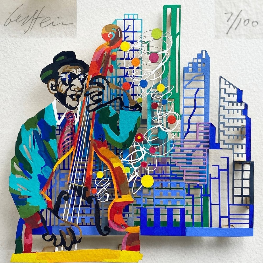 David Gerstein "Jazz & City (contrabass)" 7/100 Papercut 3D Papercut Print: David Gerstein "Jazz & City (contrabass)" 7/100 Papercut 3D Papercut Print David Gerstein's 'Jazz & City (contrabass)' is a 3D papercut print, limited to 7/100, and is made of paper, showcasing a uniq