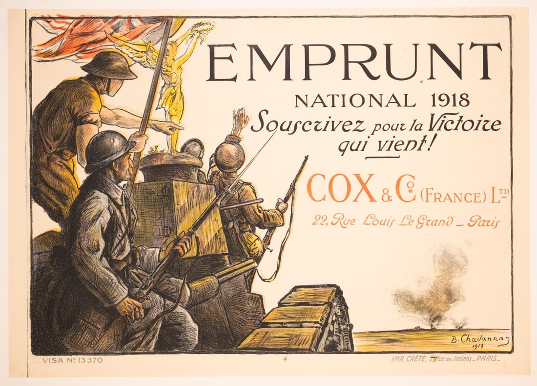 Emprunt National 1918 Poster Chavannaz Wwi Allied Victory Tank Linen Lithograph (1 of 3)