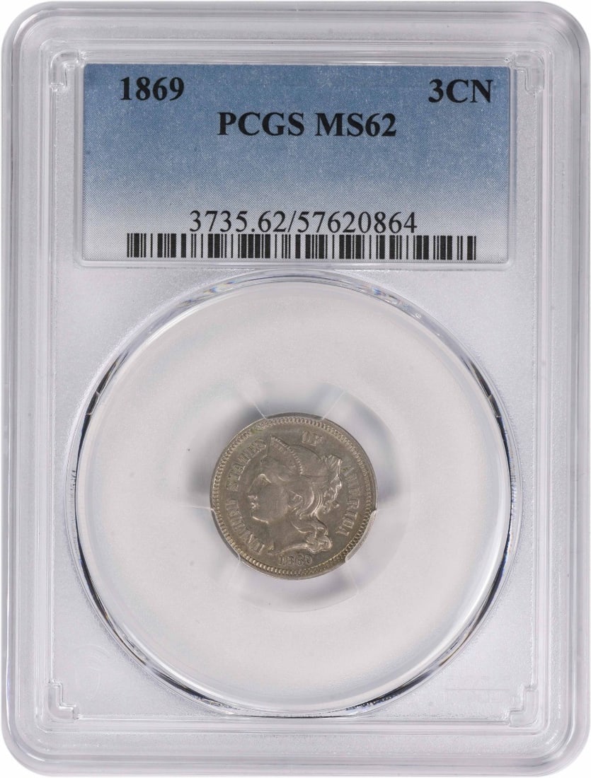 1869 Three Cent Nickel MS62 PCGS: 1869 Three Cent Nickel MS62 PCGS 1869 Three Cent Nickel graded MS62 by PCGS, uncirculated with a diameter of 17.90mm and a weight of 1.94 grams. This coin features a composition of 75% copper and 25%