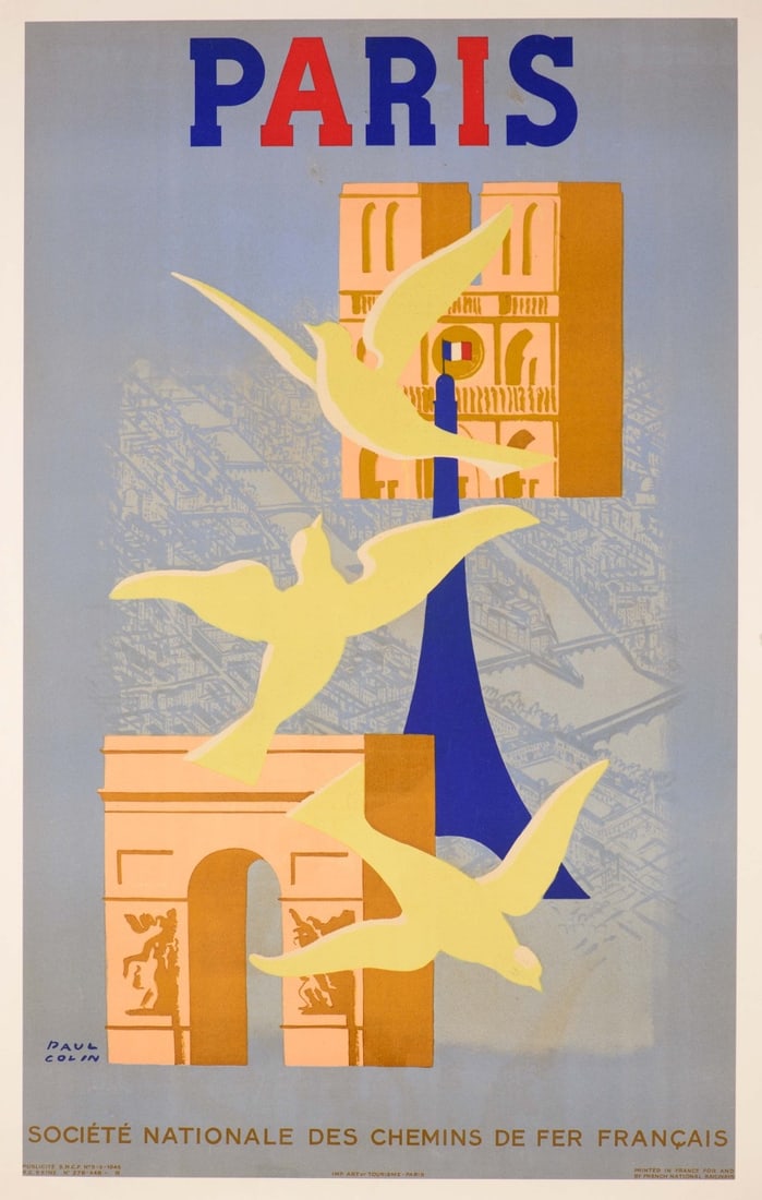 Paris Paul Colin For The Sncf 1946 French Railways Poster: Paris Paul Colin For The Sncf 1946 French Railways Poster Original 1946 travel poster by Paul Colin for the French Railways, measuring 25 inches by 39 inches and unframed. The poster is a vintage piec