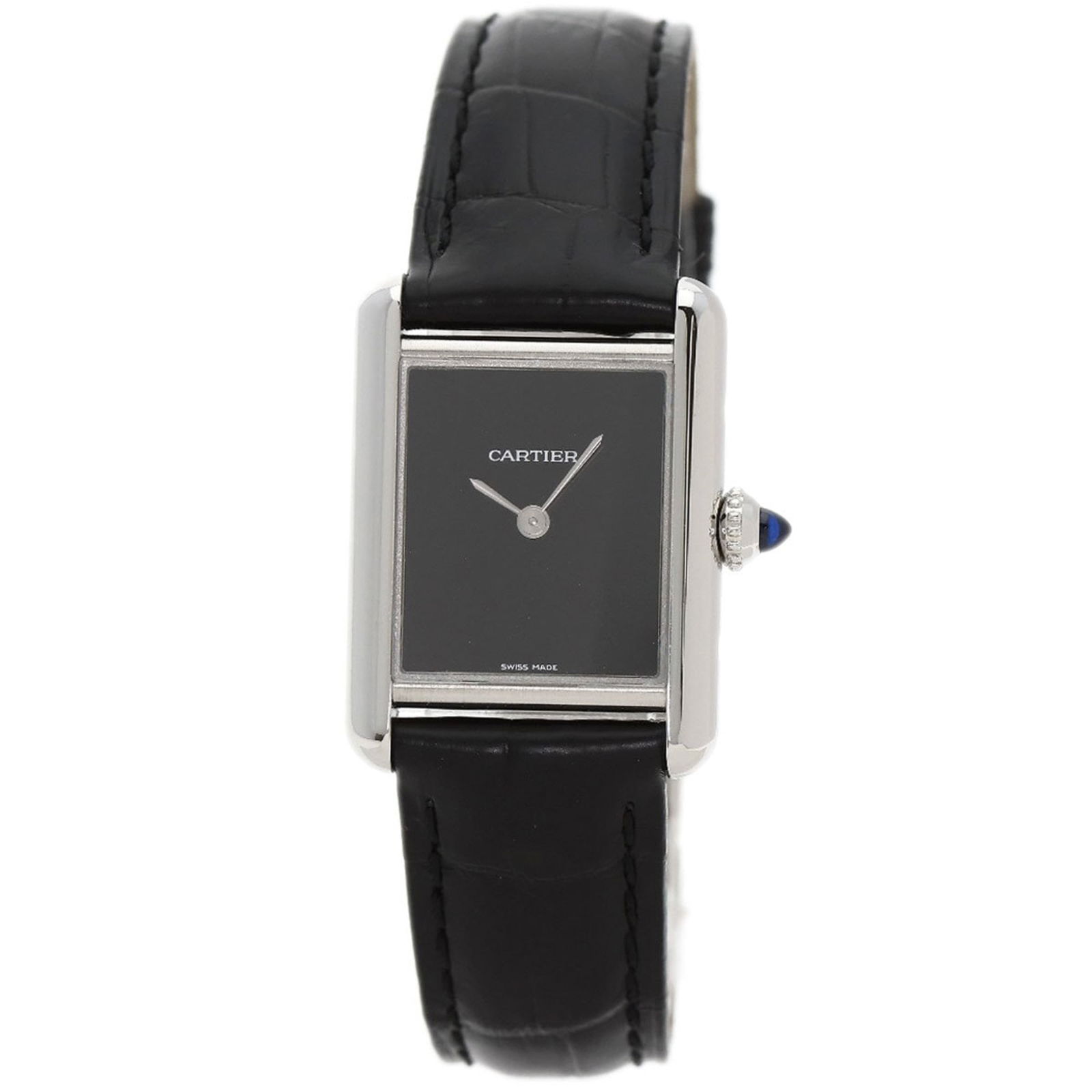 Cartier Tank Must SM WSTA0071 Stainless Steel/Leather: Cartier Tank Must SM WSTA0071 Stainless Steel/Leather Cartier Tank Must SM wristwatch for women, features a stainless steel case and leather band, with a black dial, in very good used condition. 