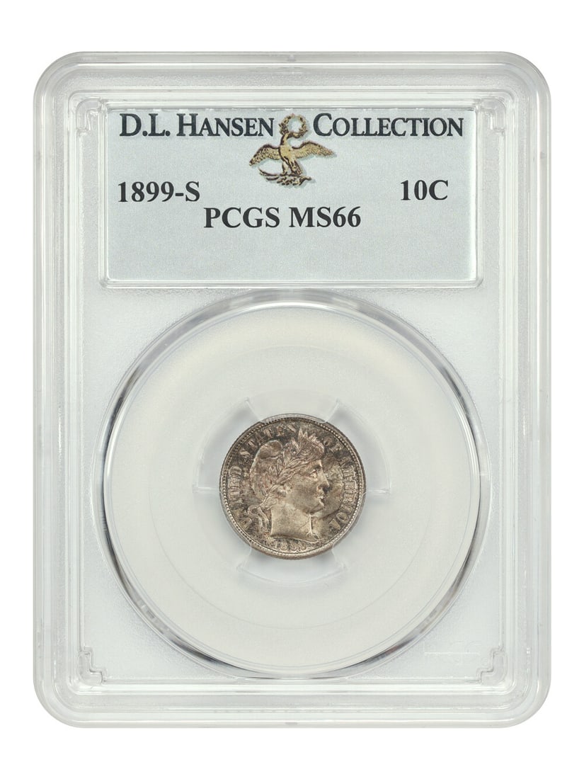1899-S 10C PCGS MS66 ex: D.L. Hansen: 1899-S 10C PCGS MS66 ex: D.L. Hansen 1899-S 10C Barber Dime graded MS66 by PCGS, uncirculated and certified with number 28577594, minted in San Francisco. Item Specifics: Certification: PCGS