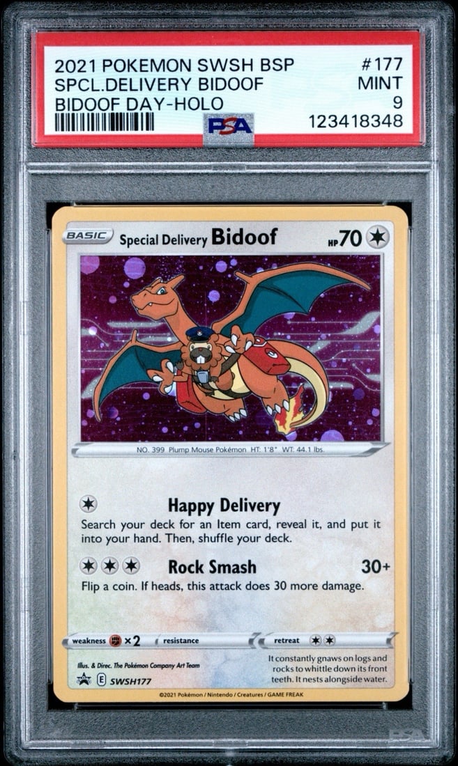 2021 POKEMON SWSH BLACK STAR PROMO BIDOOF DAY #177 SPECIAL DELIVERY HOLO PSA 9 (1 of 3)