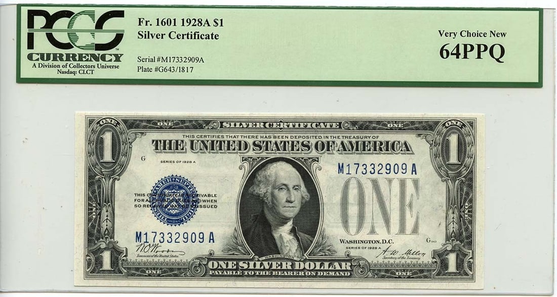 1928A $1 Silver Certificate Blue Woods Mellon Fr# 1601 PCGS CU 64 PPQ (1 of 1)