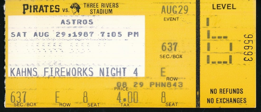 Nolan Ryan Astros Ticket Stub August 29, 1987 Pirates vs. Astros 186494 (1 of 2)