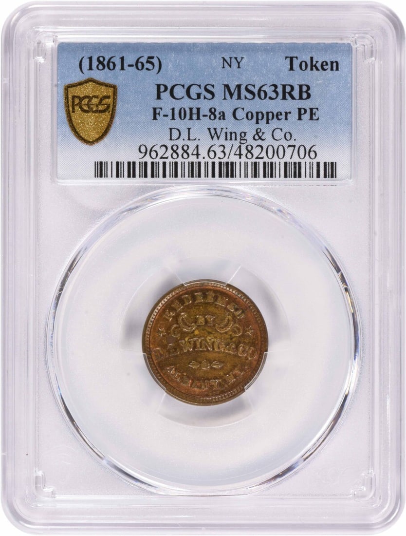 (1861-65) Civil War Token Store Card NY F-10H-8a D.L. Wing & Co. MS63RB PCGS: (1861-65) Civil War Token Store Card NY F-10H-8a D.L. Wing & Co. MS63RB PCGS Uncirculated Civil War Token Store Card from 1861-65, NY F-10H-8a D.L. Wing & Co., made of copper. Item Specifics: