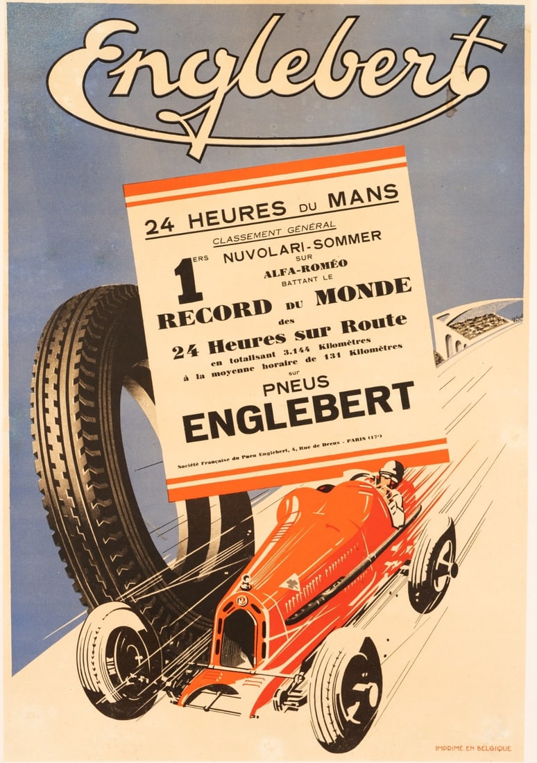 1933 Le Mans Englebert Rare Commemorative Poster Tazio Nuvolari & Raymond Sommer: 1933 Le Mans Englebert Rare Commemorative Poster Tazio Nuvolari & Raymond Sommer Rare 1933 commemorative poster for Le Mans featuring Tazio Nuvolari and Raymond Sommer, unframed, made of canvas paper.