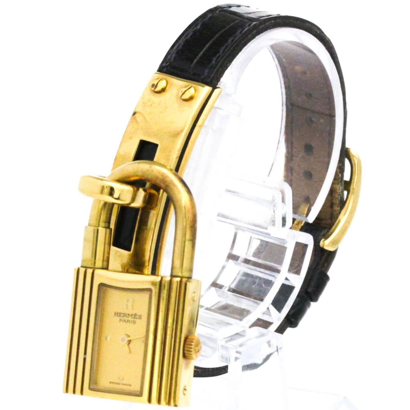 HERMES Kelly Watch Gold Plated Leather Quartz: HERMES Kelly Watch Gold Plated Leather Quartz Hermes Kelly wristwatch, gold plated with a leather band, designed for women, 20mm case diameter, in acceptable used condition. Item Specifics: Brand: