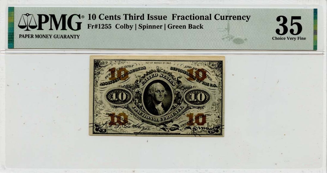 Third Issue 10 Cents Fractional Currency Fr# 1255 PMG VF35: Third Issue 10 Cents Fractional Currency Fr# 1255 PMG VF35 Third Issue 10 Cents Fractional Currency, Fr# 1255, graded VF35 by PMG and circulated. Item Specifics: Certification: PMG Certification