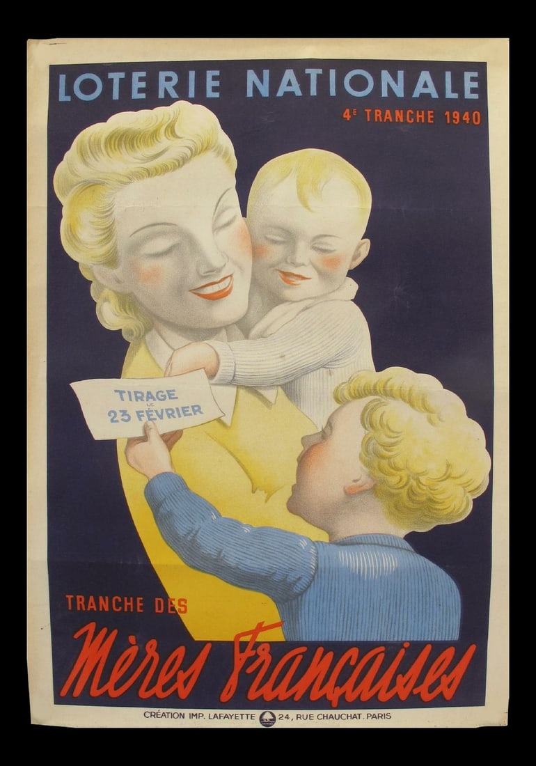 Loterie Nationale Meres Francaises 1940 By Derouet Original French Poster: Loterie Nationale Meres Francaises 1940 By Derouet Original French Poster Original 1940 French poster titled 'Loterie Nationale Meres Francaises' by artist Derouet, featuring a vintage style with dime