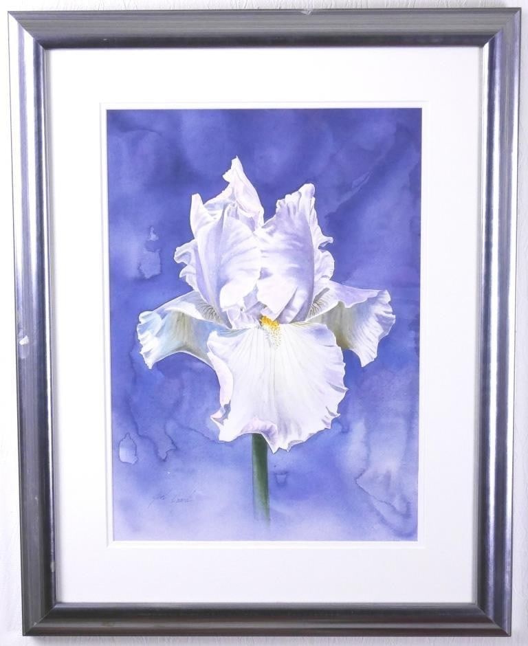 Joel Augard Signed Watercolor Iris Flower Painting Mysteque Framed Art: Joel Augard Signed Watercolor Iris Flower Painting Mysteque Framed Art Original watercolor painting of an iris flower by artist Joel Augard, signed and framed, measuring medium size, and handmade in t