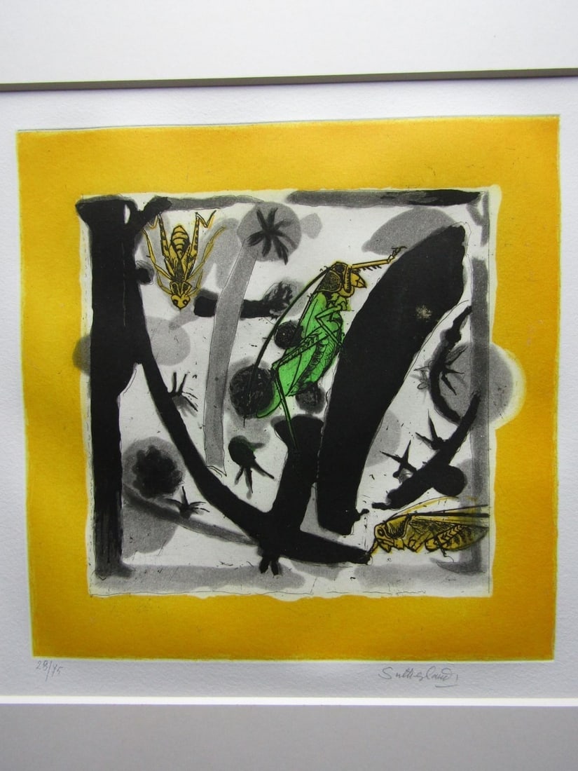 Graham Sutherland The Grasshopper Etching Aquatint 28/45 Signed 1970s British: Graham Sutherland The Grasshopper Etching Aquatint 28/45 Signed 1970s British Signed etching aquatint titled 'The Grasshopper' by Graham Sutherland, numbered 28/45, framed and hailing from the 1970s i