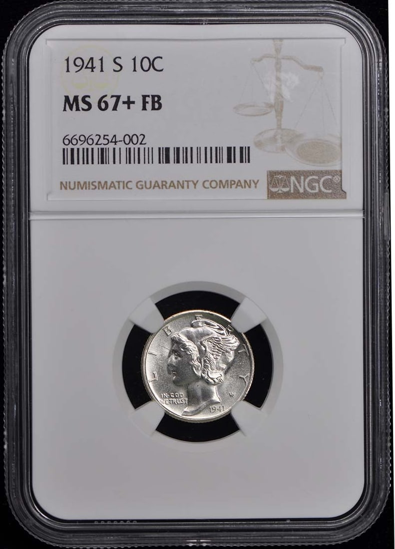 1941-S Mercury Dime 10C NGC MS67+FB: 1941-S Mercury Dime 10C NGC MS67+FB 1941-S Mercury Dime, graded NGC MS67+FB, uncirculated, from the San Francisco mint. Item Specifics: Certification: NGC Certification Number: 6696254002 Grade: