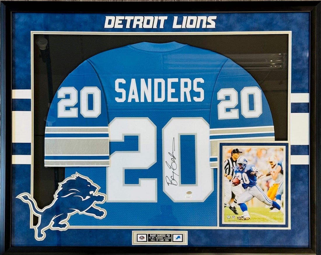 Barry Sanders Autographed Framed Lions Jersey (JSA) (1 of 3)