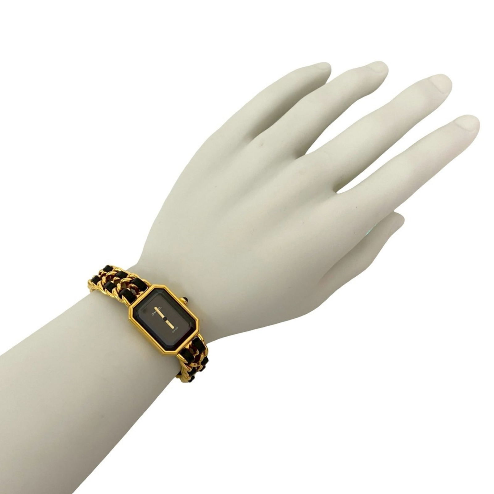 CHANEL Premiere M size quartz stainless steel leather wristwatch gold black 38479 (1 of 6)