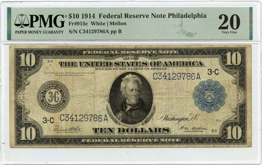 1914 $10 Federal Reserve Note Philadelphia PA Fr# 915c PMG VF20 (1 of 1)