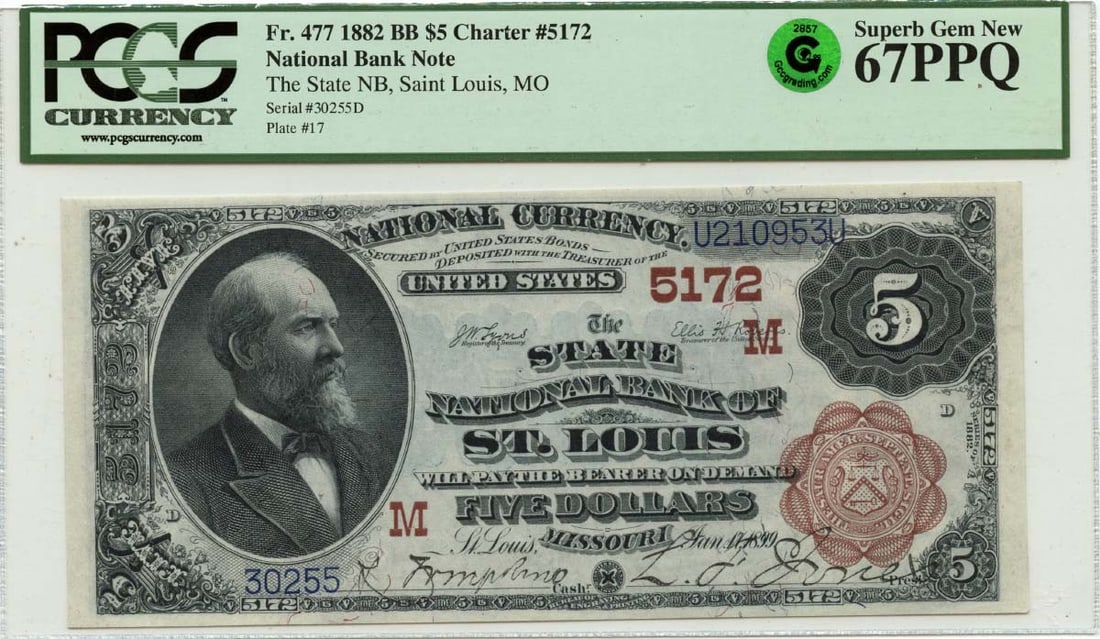 1882 BB $5 National Bank St Louis Charter #5172 PCGS MS67 PPQ GCC Green (1 of 2)
